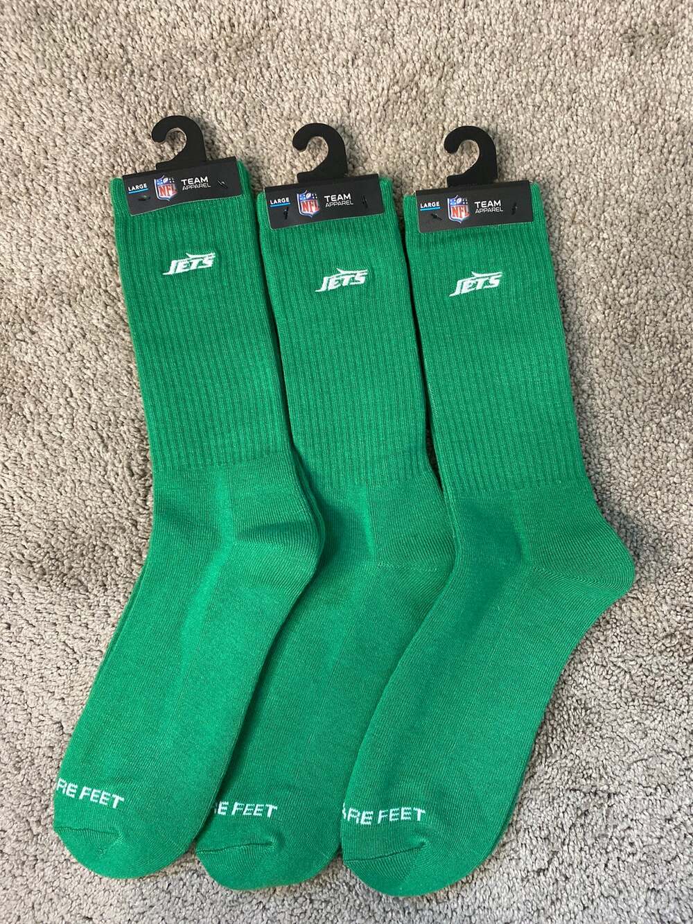 New NFL New York Jets Green Crew Socks 3 Pair Pack Size Large